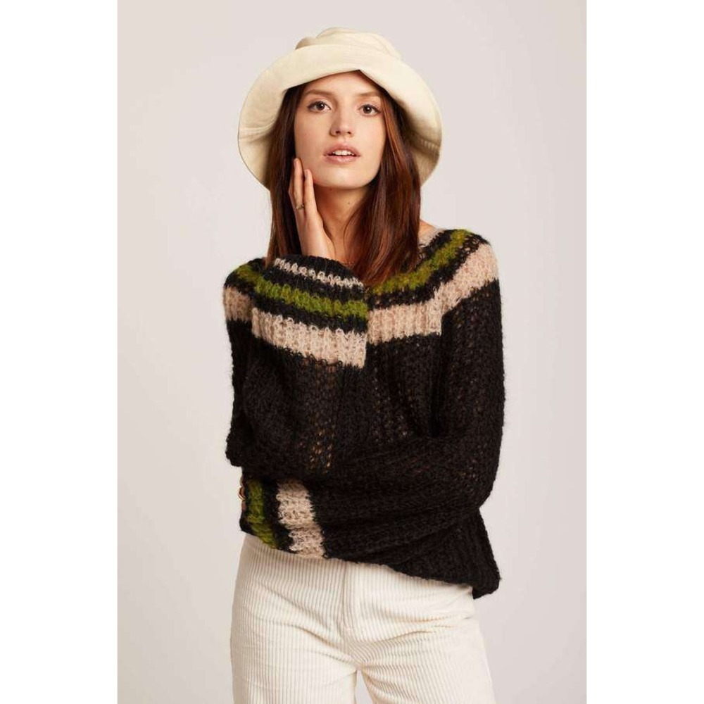 Free People Sweater Womens XS Black Alpaca Blend Fuzzy‎ Striped Boho OB991242